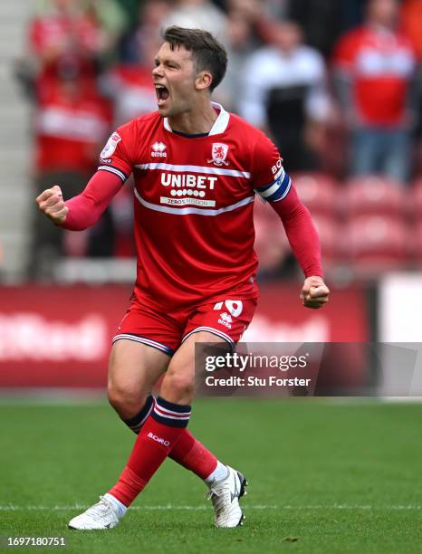 Middlesbrough player Jonny Howson celebrates after scoring the second Boro goal during the Sky Bet Championship match between Middlesbrough and...