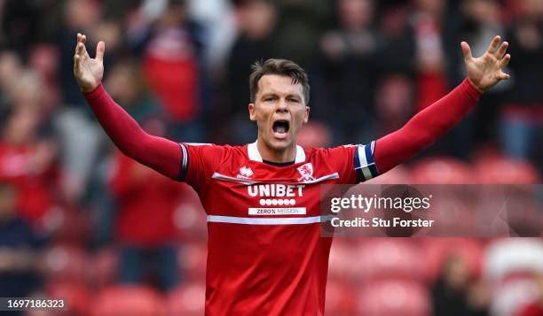 Middlesbrough player Jonny Howson celebrates after scoring the second Boro goal during the Sky Bet Championship match between Middlesbrough and...