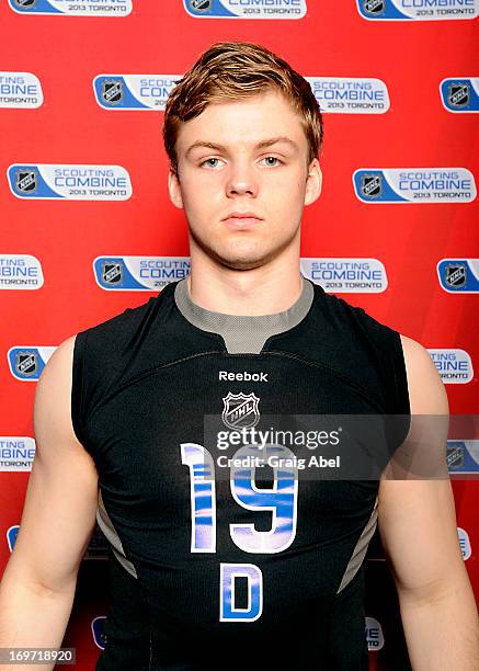 Joshua Morrissey poses for a head shot prior to testing at the NHL Combine May 31, 2013 at the International Centre in Toronto, Ontario, Canada.