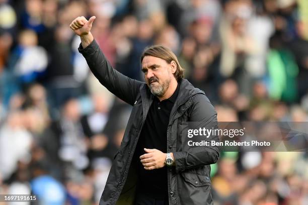 Leeds United Manager Daniel Farke celebrates after the Sky Bet Championship match between Leeds United and Watford at Elland Road on September 23,...