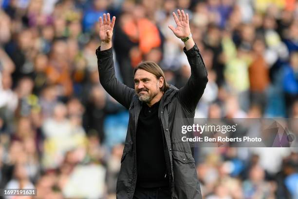 Leeds United Manager Daniel Farke celebrates after the Sky Bet Championship match between Leeds United and Watford at Elland Road on September 23,...