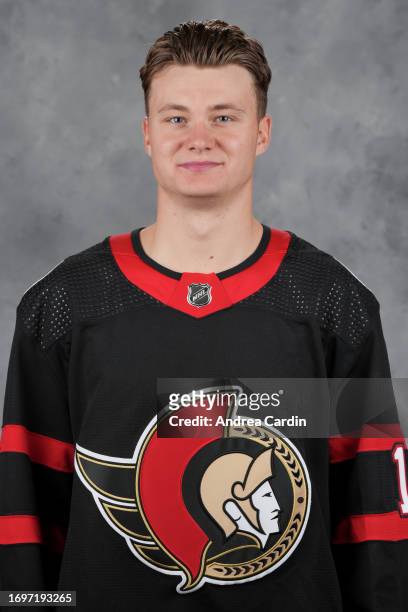 Tim Stützle of the Ottawa Senators poses for his official headshot for the 2023-2024 season on September 20, 2023 at Canadian Tire Centre in Kanata,...