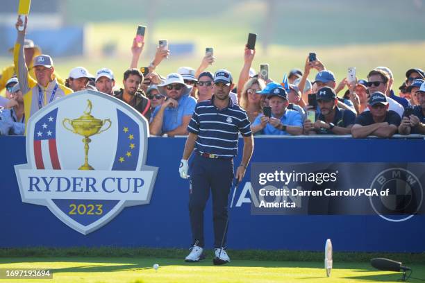 Brian Harman of Team United States lines up his tee shot on the eighth hole during the Ryder Cup at Marco Simone Golf & Country Club on Friday,...