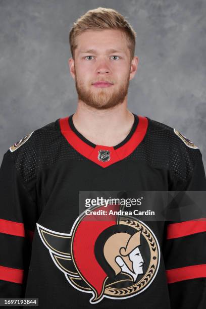 Nikolas Matinpalo of the Ottawa Senators poses for his official headshot for the 2023-2024 season on September 20, 2023 at Canadian Tire Centre in...