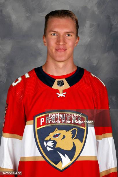 Anton Lundell of the Florida Panthers poses for his official headshot for the 2023-2024 NHL season on September 20, 2023 at the Amerant Bank Arena in...