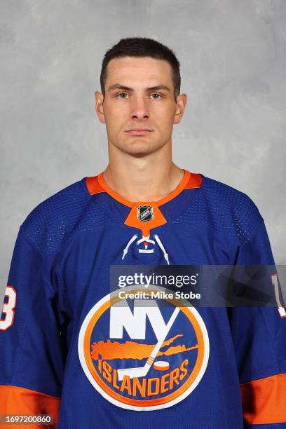 Mathew Barzal of the New York Islanders poses for his official headshot for the 2023-2024 season at Northwell Health Ice Center at Eisenhower Park on...