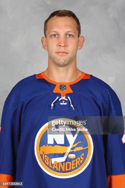 Jeff Kubiak of the New York Islanders poses for his official headshot for the 2023-2024 season at Northwell Health Ice Center at Eisenhower Park on...