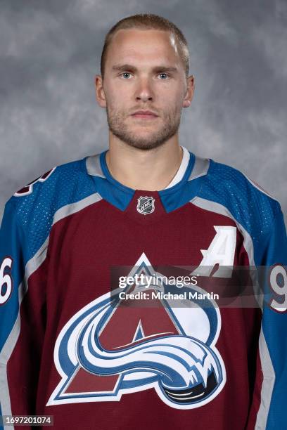 Mikko Rantanen of the Colorado Avalanche poses for his official headshot for the 2023-2024 NHL season on September 20, 2023 at Ball Arena in Denver,...