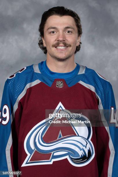 Samuel Girard of the Colorado Avalanche poses for his official headshot for the 2023-2024 NHL season on September 20, 2023 at Ball Arena in Denver,...