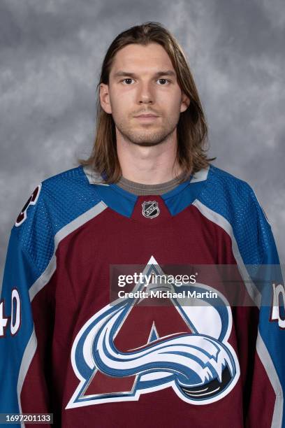 Goaltender Alexandar Georgiev of the Colorado Avalanche poses for his official headshot for the 2023-2024 NHL season on September 20, 2023 at Ball...