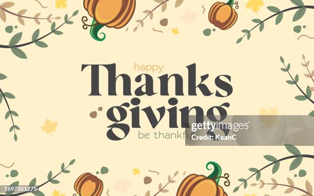 ilustrações, clipart, desenhos animados e ícones de tipografia vetorial para o feliz dia de ação de graças com folhas de outono e abóboras para decoração e cobertura ao fundo. ilustração de vectorstock - thanksgiving holiday