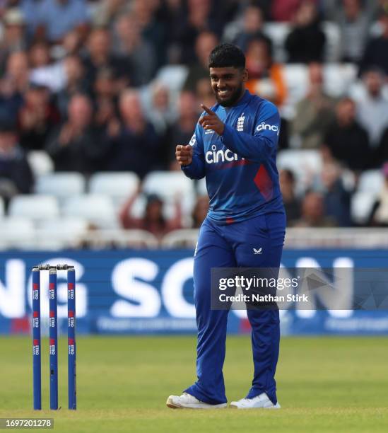 Rehan Ahmed of England celebrates after getting George Dockrell of Ireland out during the 2nd Metro Bank ODI match between England and Ireland at...