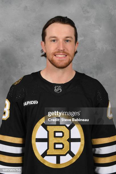 Matt Grzelcyk of the Boston Bruins poses for his official headshot for the 2023-2024 season on September 20, 2022 at the Warrior Ice Arena in...