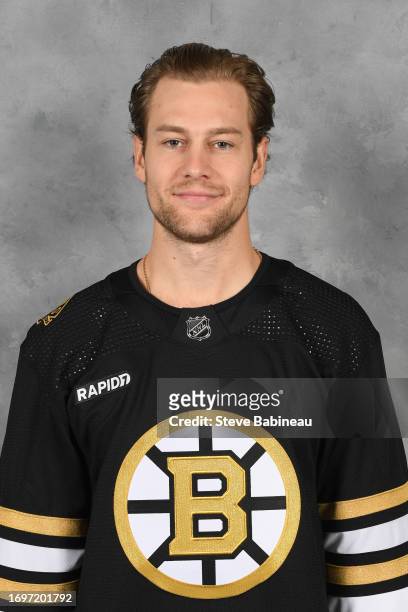 Brandon Carlo of the Boston Bruins poses for his official headshot for the 2023-2024 season on September 20, 2022 at the Warrior Ice Arena in...