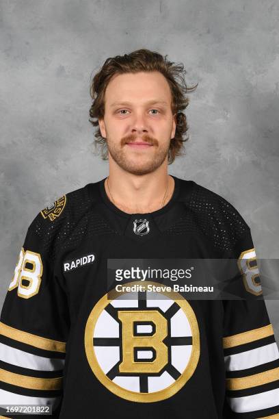 David Pastrnak of the Boston Bruins poses for his official headshot for the 2023-2024 season on September 20, 2022 at the Warrior Ice Arena in...