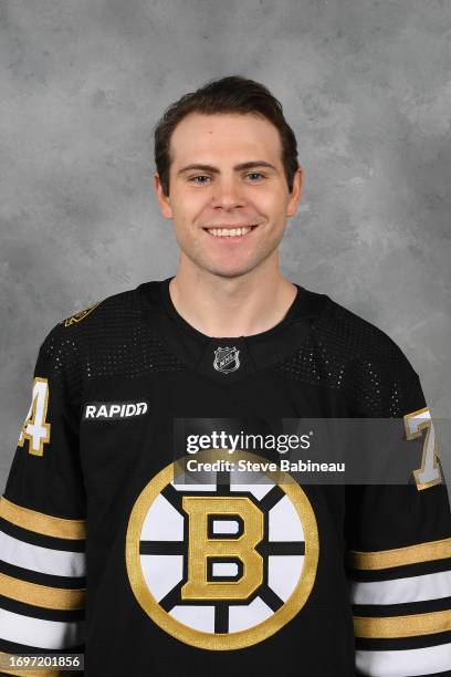 Jake DeBrusk of the Boston Bruins poses for his official headshot for the 2023-2024 season on September 20, 2022 at the Warrior Ice Arena in...