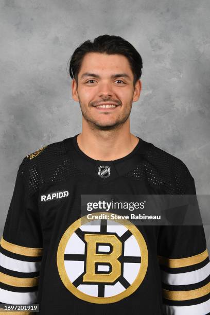 Michael DiPietro of the Boston Bruins poses for his official headshot for the 2023-2024 season on September 20, 2022 at the Warrior Ice Arena in...