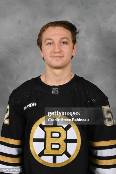 Trevor Kuntar of the Boston Bruins poses for his official headshot for the 2023-2024 season on September 20, 2022 at the Warrior Ice Arena in...