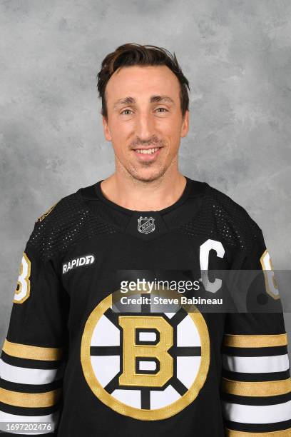 Brad Marchand of the Boston Bruins poses for his official headshot for the 2023-2024 season on September 20, 2022 at the Warrior Ice Arena in...