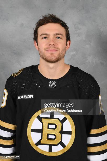 John Beecher of the Boston Bruins poses for his official headshot for the 2023-2024 season on September 20, 2022 at the Warrior Ice Arena in...