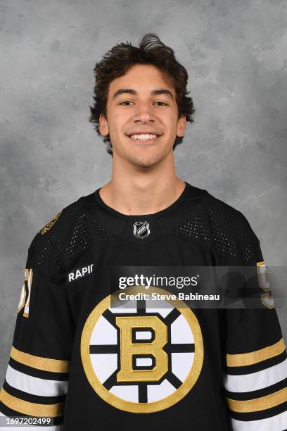 Matthew Poitras of the Boston Bruins poses for his official headshot for the 2023-2024 season on September 20, 2022 at the Warrior Ice Arena in...