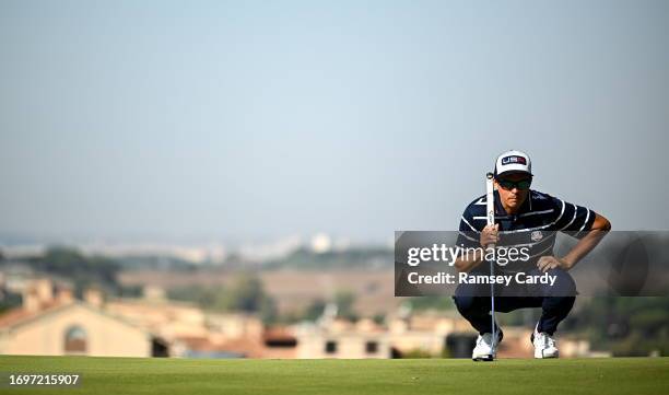 Rome , Italy - 29 September 2023; Rickie Fowler of USA lines up a putt on the 11th green during the morning foursomes matches on day one of the 2023...