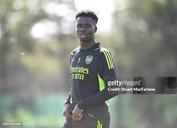Bukayo Saka of Arsenal during a training session at London Colney on September 23, 2023 in St Albans, England.