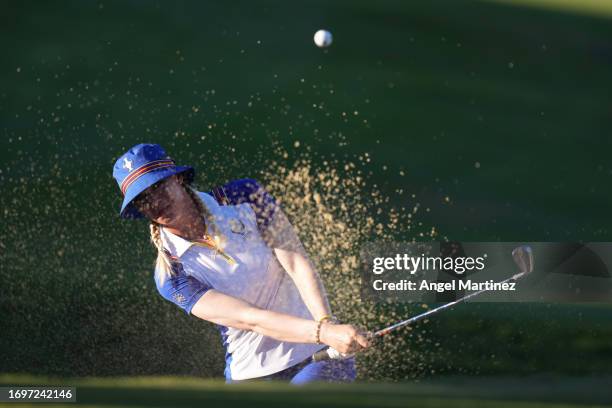 Madelene Sagstrom of Team Europe plays a shot from a bunker on the 15th hole during Day Two of The Solheim Cup at Finca Cortesin Golf Club on...