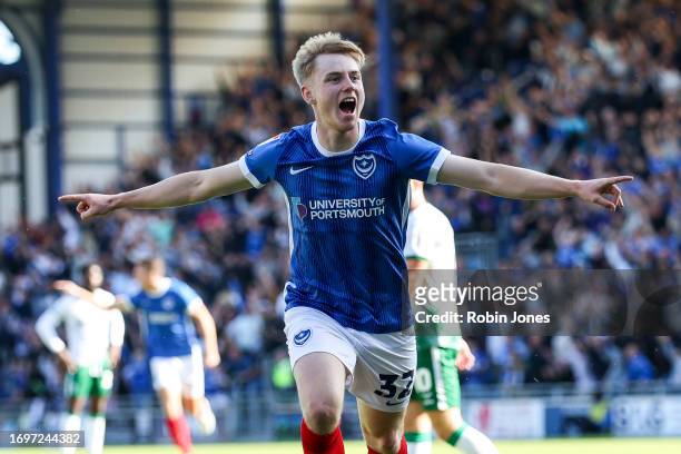 Paddy Lane of Portsmouth FC celebrates after he scores a goal to make it 1-1 during the Sky Bet League One match between Portsmouth and Lincoln City...