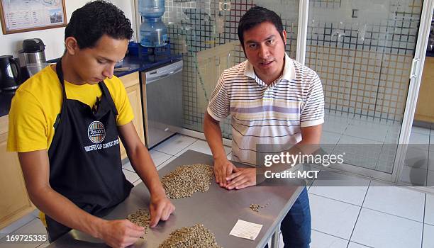 Coffee tester Seiner Merida, right, separates beans at a coffee lab in Guatemala City, May 20, 2013. At left is an assistant.