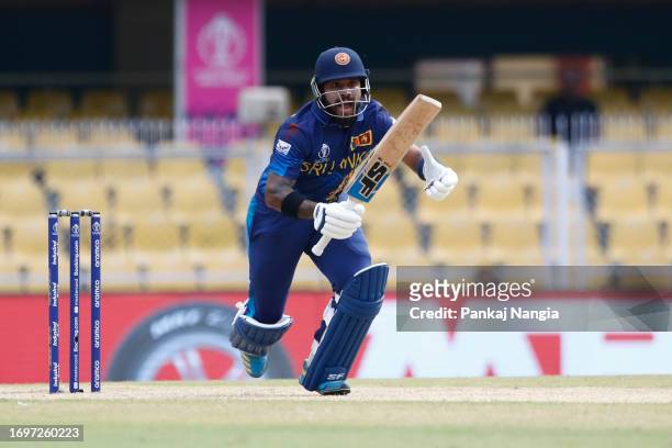 Kusal Mendis of Sri Lanka looks on after plays a shot during the Bangladesh and Sri Lanka warm-up match prior to the ICC Men's Cricket World Cup at...