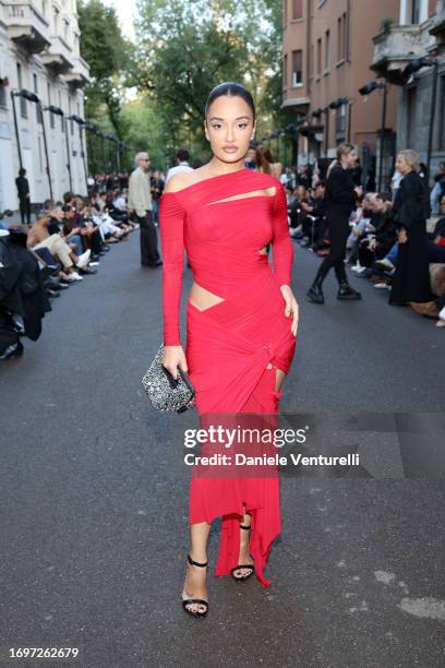 Amina Muaddi attends the The Attico fashion show during the Milan Fashion Week Womenswear Spring/Summer 2024 on September 23, 2023 in Milan, Italy.