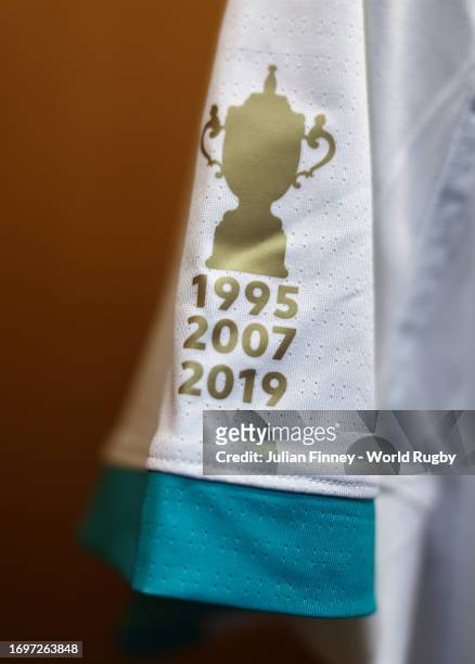 Detailed view of the The Webb Ellis Cup logo and inscription of the winning years "1995 2019" on the sleeve of a match shirt in the South Africa...