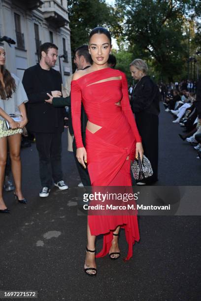 Amina Muaddi attends the The Attico fashion show during the Milan Fashion Week Womenswear Spring/Summer 2024 on September 23, 2023 in Milan, Italy.