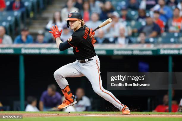 Gunnar Henderson of the Baltimore Orioles bats against the Cleveland Guardians during the first inning at Progressive Field on September 22, 2023 in...