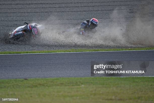 Rivacold Snipers Team rider Matteo Bertelle of Italy slips from the track during the Moto3 class practice 2 session of the MotoGP Japanese Grand Prix...