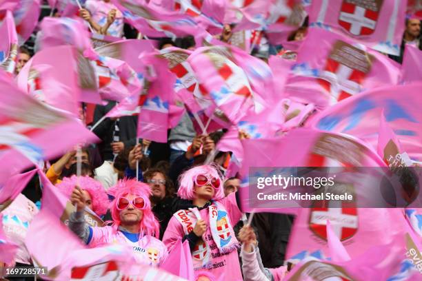 Supporters of Evian Thonon Gaillard during the French Cup Final match between Evian Thonon Gaillard and FC Girondins de Bordeaux at the Stade de...