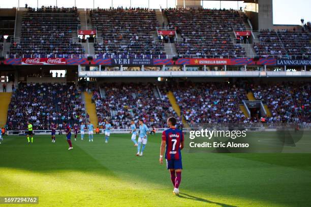 Ferran Torres of FC Barcelona looks on during the LaLiga EA Sports match between FC Barcelona and Celta Vigo at Estadi Olimpic Lluis Companys on...