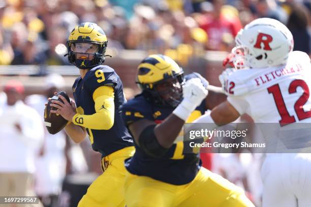 McCarthy of the Michigan Wolverines throws a first half pass against the Rutgers Scarlet Knights at Michigan Stadium on September 23, 2023 in Ann...