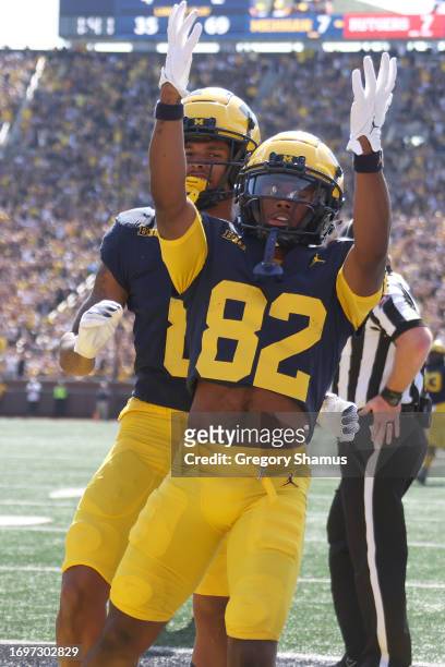 Semaj Morgan of the Michigan Wolverines celebrates his first half touchdown while playing the Rutgers Scarlet Knights at Michigan Stadium on...