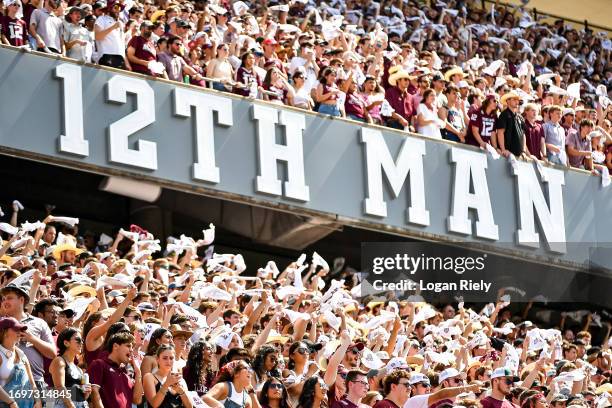 Detail of the 12th Man logo during the game between the Texas A&M Aggies and the Auburn Tigers at Kyle Field on September 23, 2023 in College...