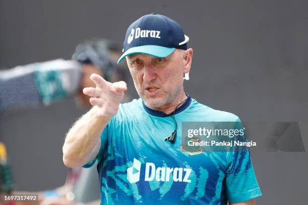 Fast-bowling coach of Bangladesh Allan Donald gestures during the Bangladesh and Sri Lanka warm-up match prior to the ICC Men's Cricket World Cup at...