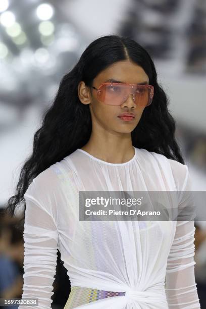 Model, beauty detail, walks the runway at the Missoni fashion show during the Milan Fashion Week Womenswear Spring/Summer 2024 on September 23, 2023...