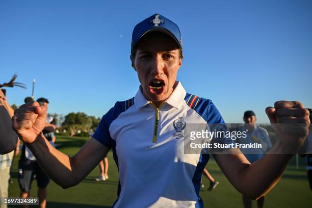 Carlota Ciganda of Team Europe reacts after winning her match on the 17th green during Day Two of The Solheim Cup at Finca Cortesin Golf Club on...