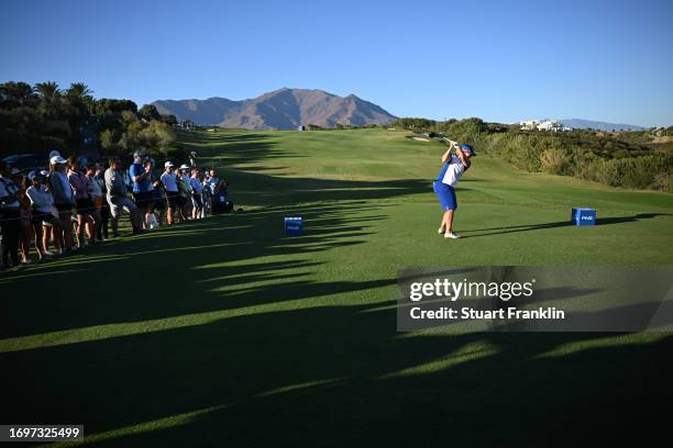 Caroline Hedwall of Team Europe hits a tee shot on the 18th hole during Day Two of The Solheim Cup at Finca Cortesin Golf Club on September 23, 2023...