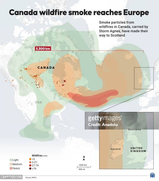 An infographic titled "Canada wildfire smoke reaches Europe" created in Ankara, Turkiye on September 29, 2023. Smoke particles from wildfires in...