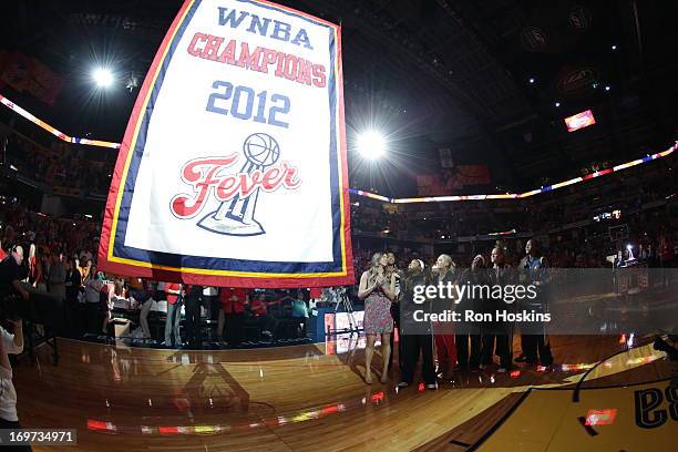 The Indiana Fever raise their 2012 WNBA Championship banner before the game against the Atlanta Dream on May 31, 2013 at Bankers Life Fieldhouse in...