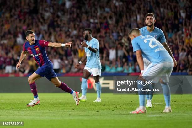 Robert Lewandowski of Barcelona celebrates after scoring his and the team's second goal during the LaLiga EA Sports match between FC Barcelona and...