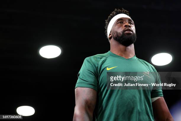 Siya Kolisi of South Africa looks on as he walks out of the tunnel prior to the Rugby World Cup France 2023 match between South Africa and Ireland at...