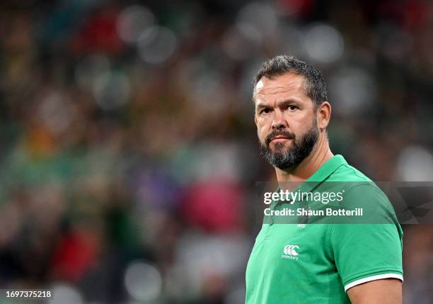 Andy Farrell, Head Coach of Ireland, looks on prior to the Rugby World Cup France 2023 match between South Africa and Ireland at Stade de France on...